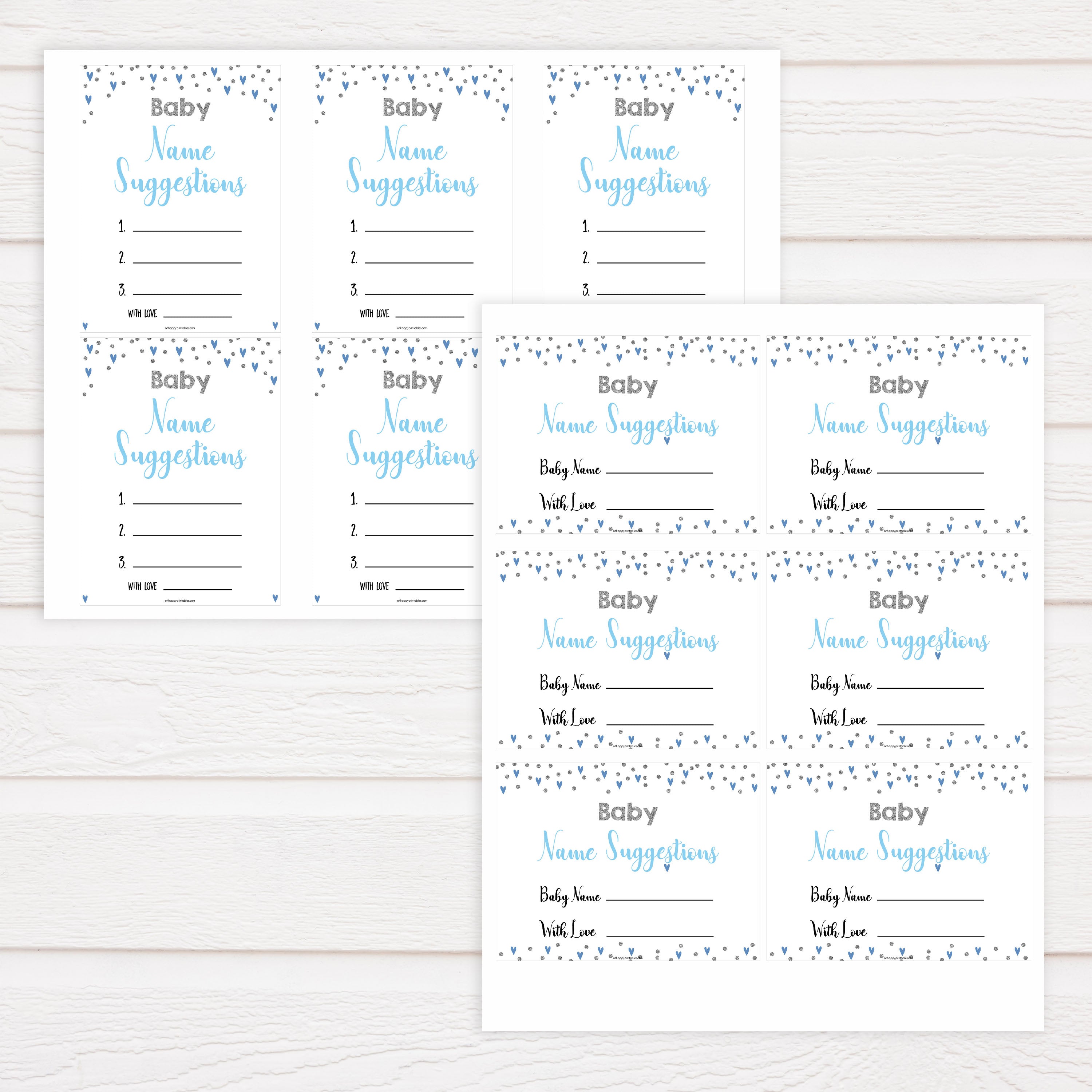 baby name suggestion game, baby names game, Printable baby shower games, small blue hearts fun baby games, baby shower games, fun baby shower ideas, top baby shower ideas, silver baby shower, blue hearts baby shower ideas