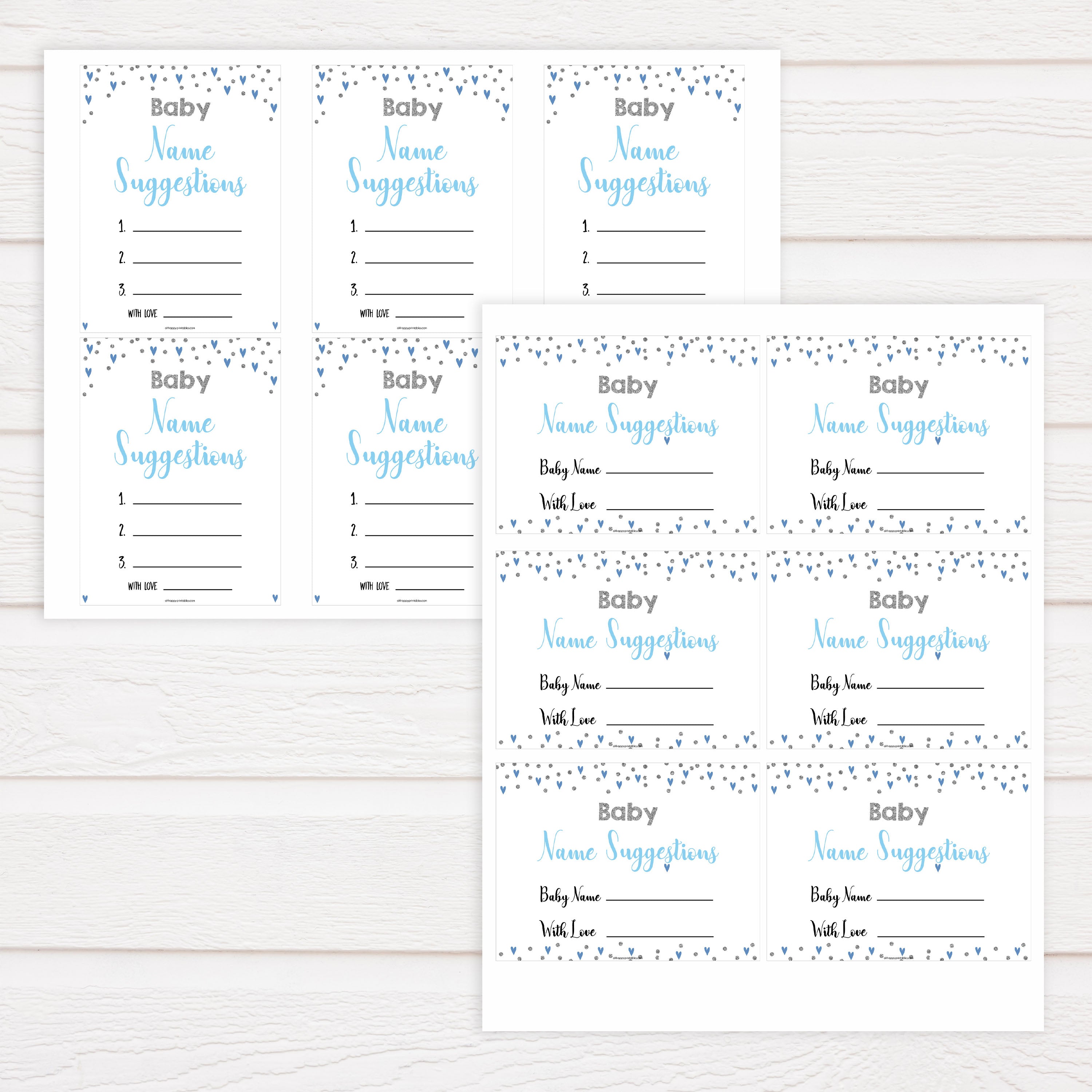baby name suggestion game, baby names game, Printable baby shower games, small blue hearts fun baby games, baby shower games, fun baby shower ideas, top baby shower ideas, silver baby shower, blue hearts baby shower ideas
