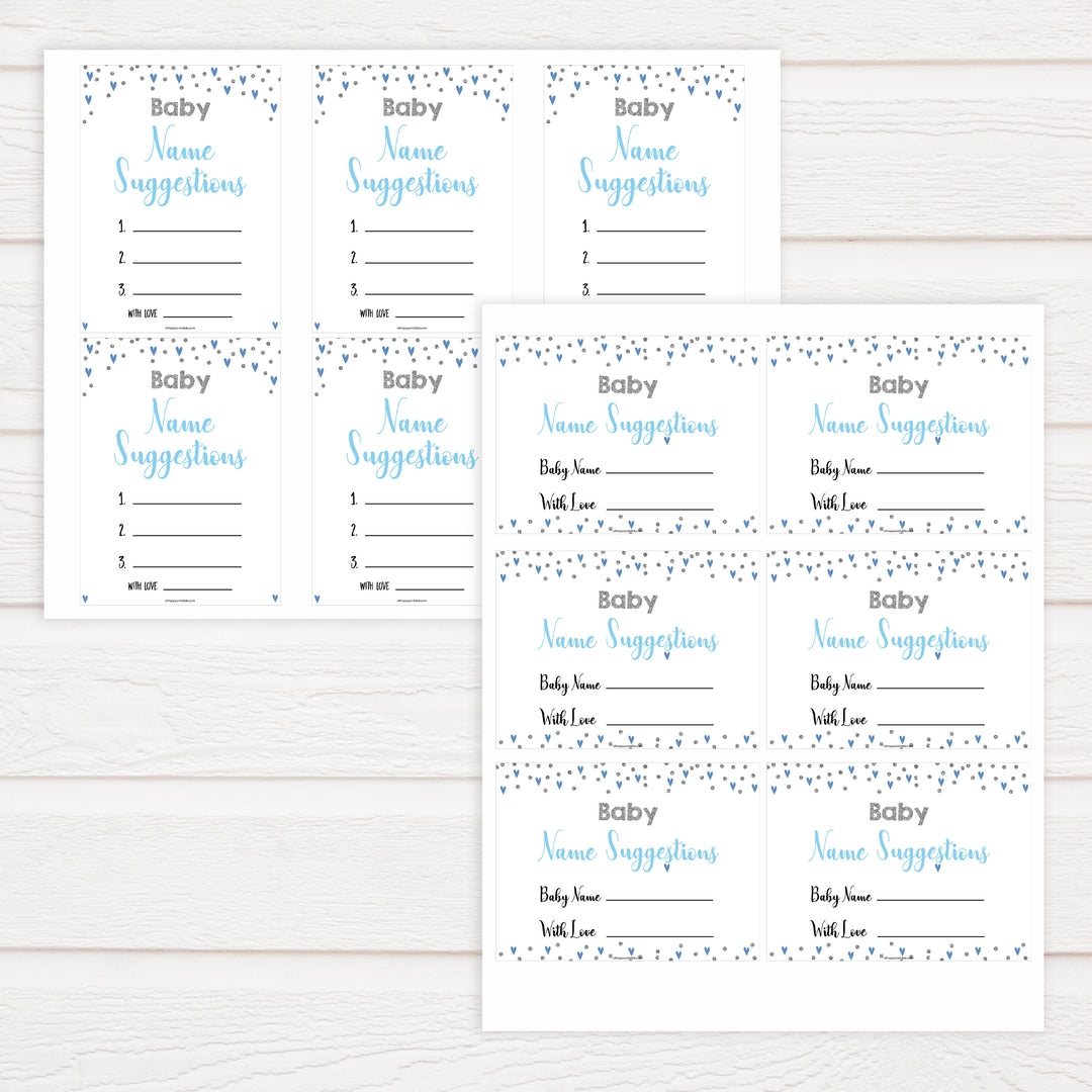 baby name suggestion game, baby names game, Printable baby shower games, small blue hearts fun baby games, baby shower games, fun baby shower ideas, top baby shower ideas, silver baby shower, blue hearts baby shower ideas