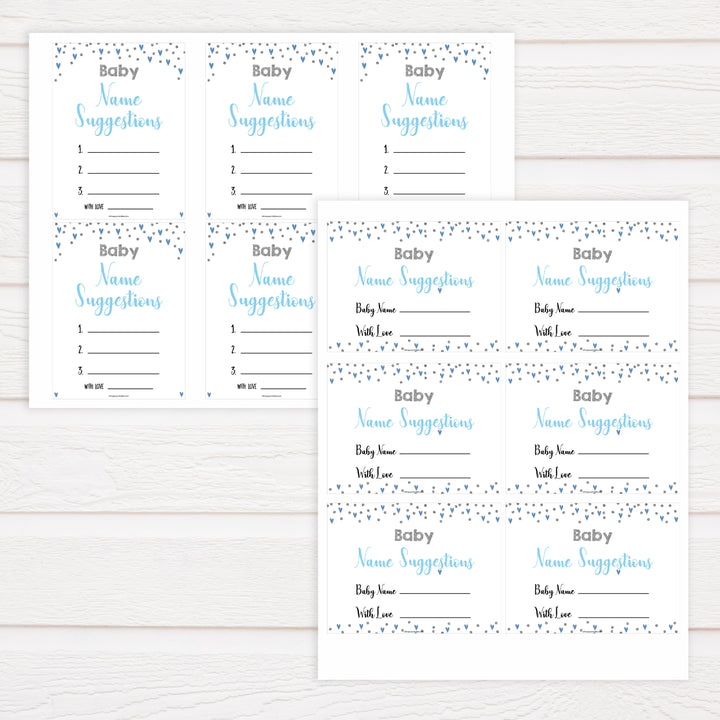 baby name suggestion game, baby names game, Printable baby shower games, small blue hearts fun baby games, baby shower games, fun baby shower ideas, top baby shower ideas, silver baby shower, blue hearts baby shower ideas