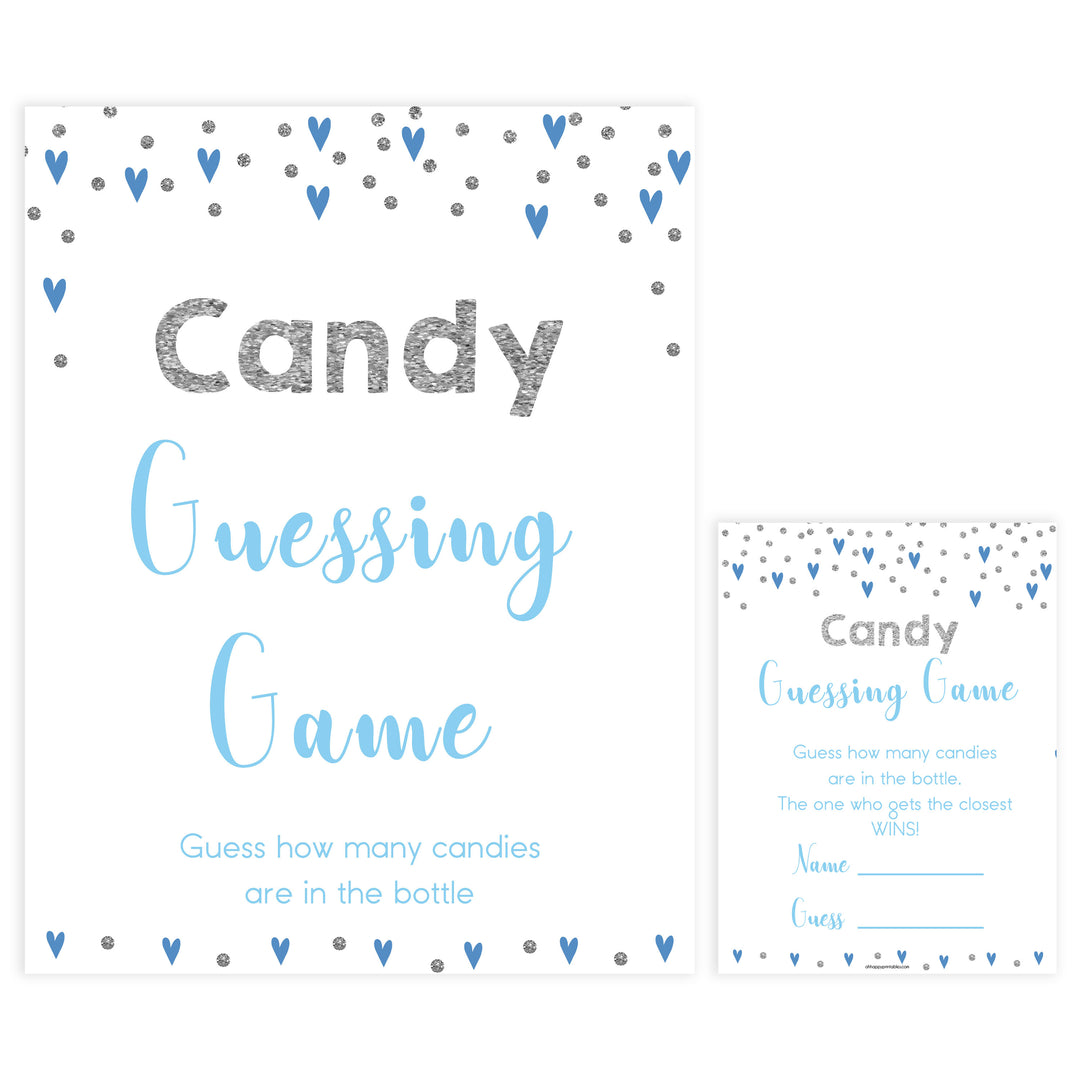 candy guessing game, how many candies game, Printable baby shower games, small blue hearts fun baby games, baby shower games, fun baby shower ideas, top baby shower ideas, silver baby shower, blue hearts baby shower ideas