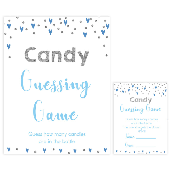 candy guessing game, how many candies game, Printable baby shower games, small blue hearts fun baby games, baby shower games, fun baby shower ideas, top baby shower ideas, silver baby shower, blue hearts baby shower ideas