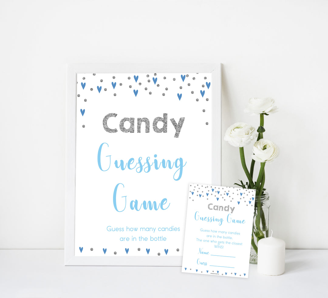 candy guessing game, how many candies game, Printable baby shower games, small blue hearts fun baby games, baby shower games, fun baby shower ideas, top baby shower ideas, silver baby shower, blue hearts baby shower ideas
