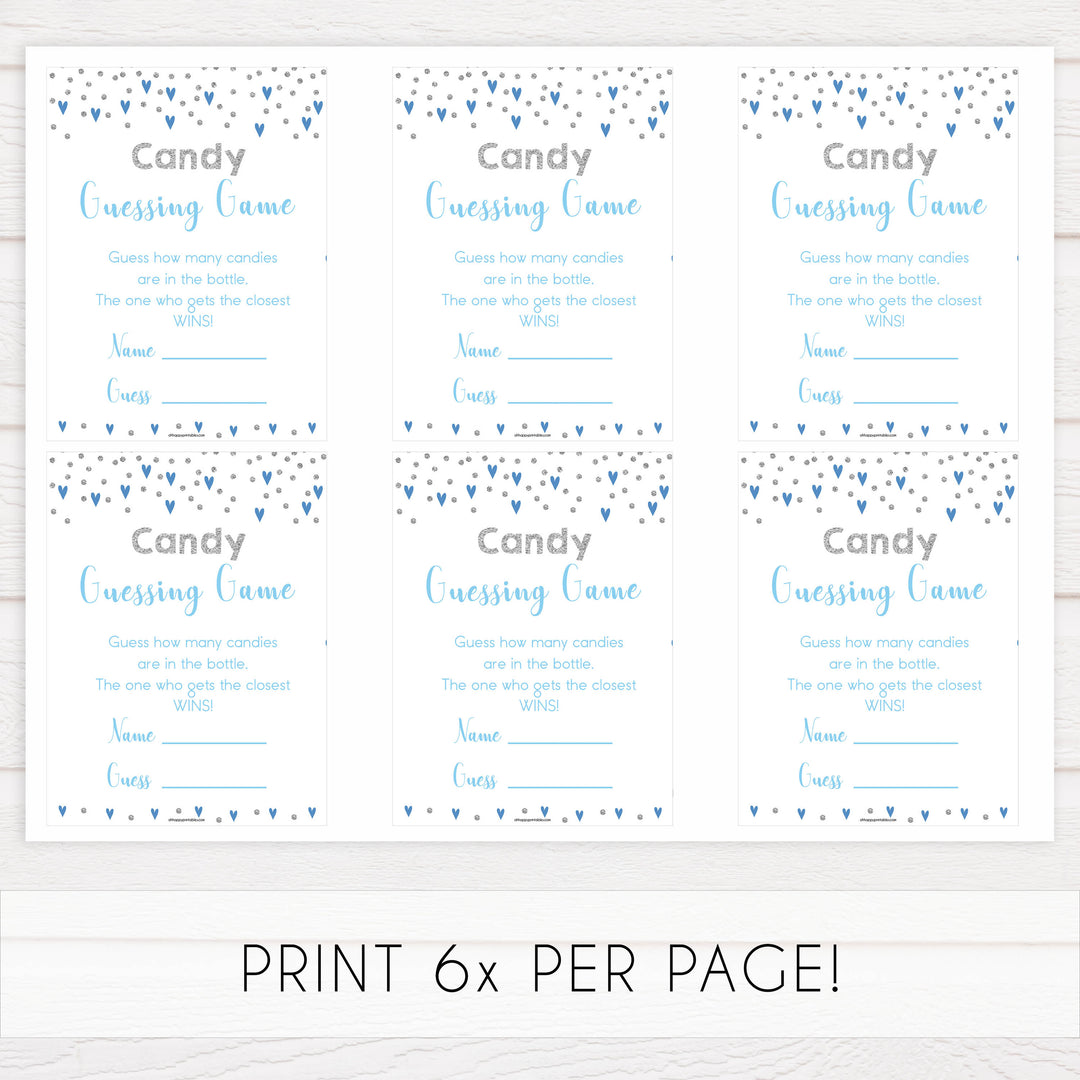 candy guessing game, how many candies game, Printable baby shower games, small blue hearts fun baby games, baby shower games, fun baby shower ideas, top baby shower ideas, silver baby shower, blue hearts baby shower ideas