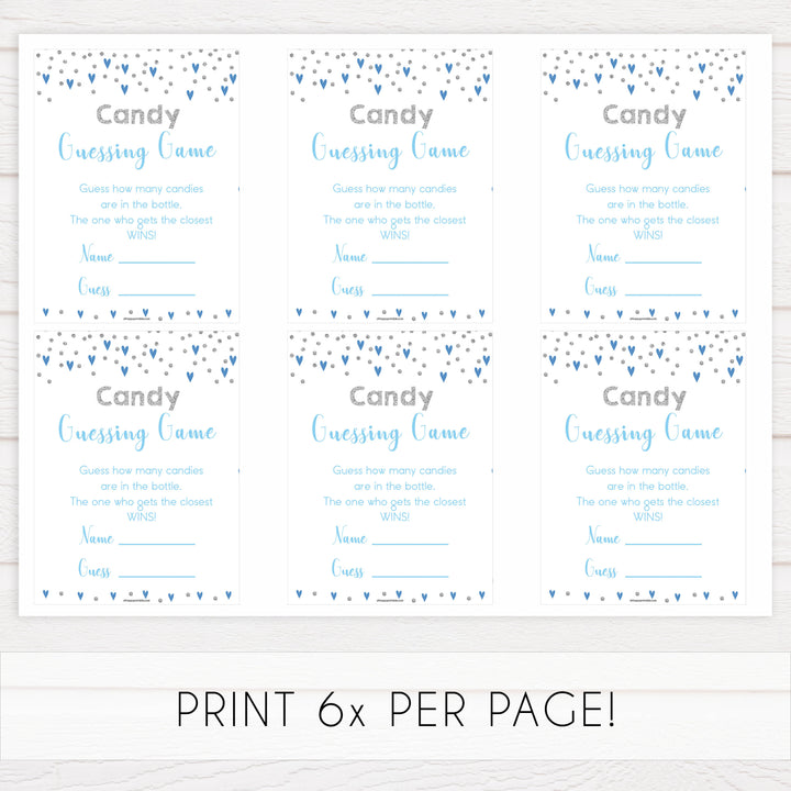 candy guessing game, how many candies game, Printable baby shower games, small blue hearts fun baby games, baby shower games, fun baby shower ideas, top baby shower ideas, silver baby shower, blue hearts baby shower ideas
