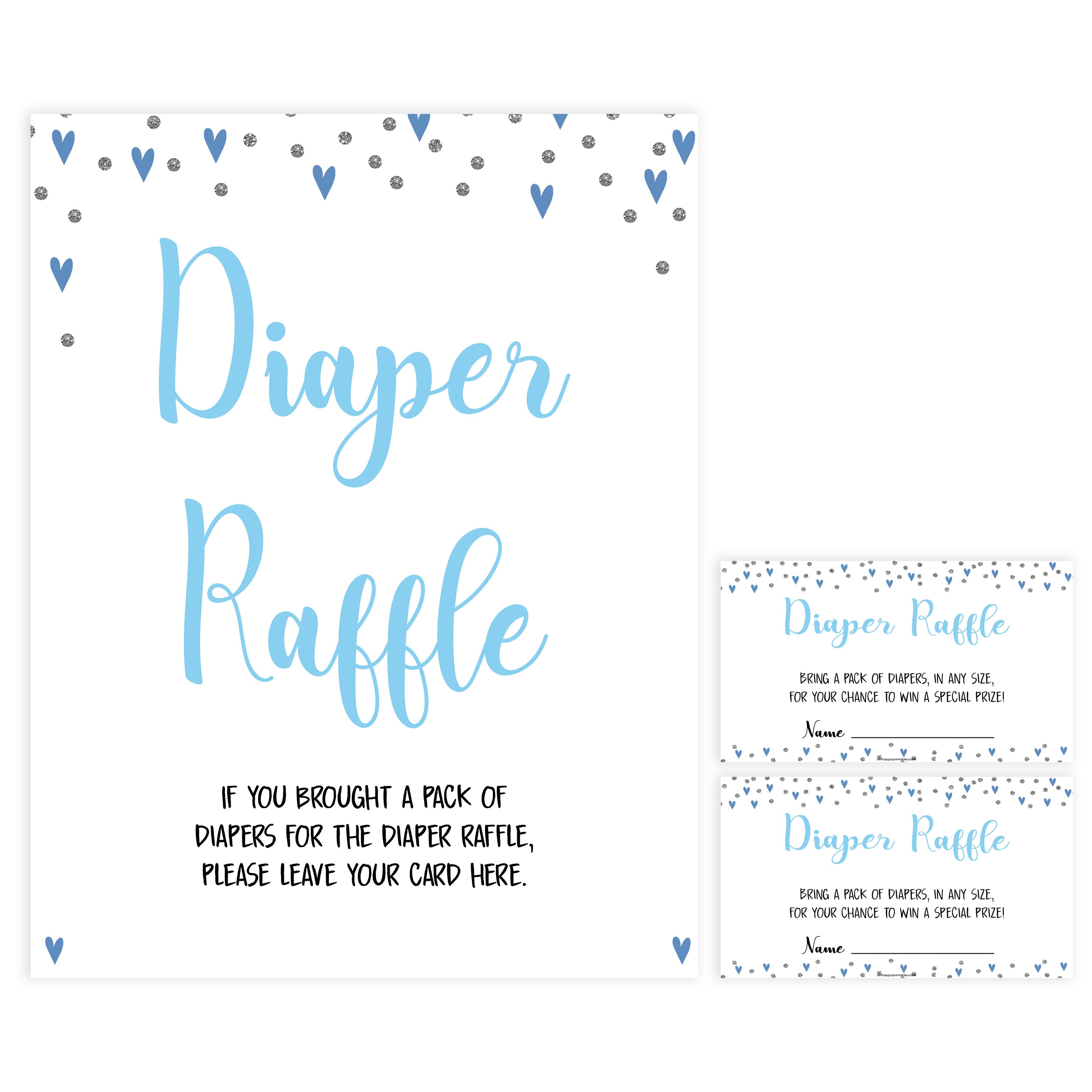 diaper raffle game, diaper raffle, Printable baby shower games, small blue hearts fun baby games, baby shower games, fun baby shower ideas, top baby shower ideas, silver baby shower, blue hearts baby shower ideas