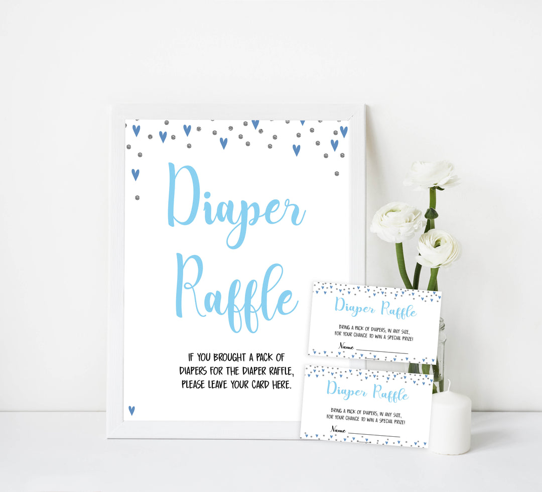 diaper raffle game, diaper raffle, Printable baby shower games, small blue hearts fun baby games, baby shower games, fun baby shower ideas, top baby shower ideas, silver baby shower, blue hearts baby shower ideas