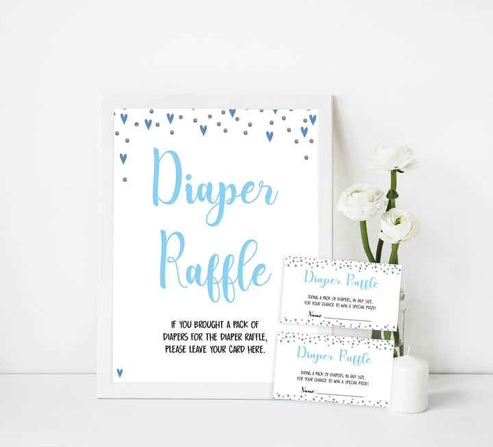 diaper raffle game, diaper raffle, Printable baby shower games, small blue hearts fun baby games, baby shower games, fun baby shower ideas, top baby shower ideas, silver baby shower, blue hearts baby shower ideas
