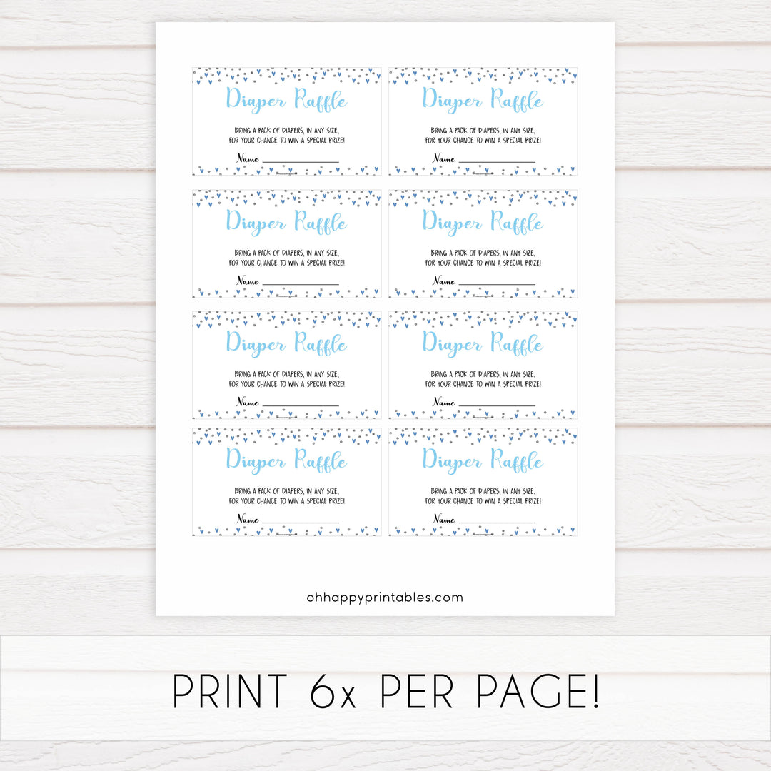 diaper raffle game, diaper raffle, Printable baby shower games, small blue hearts fun baby games, baby shower games, fun baby shower ideas, top baby shower ideas, silver baby shower, blue hearts baby shower ideas