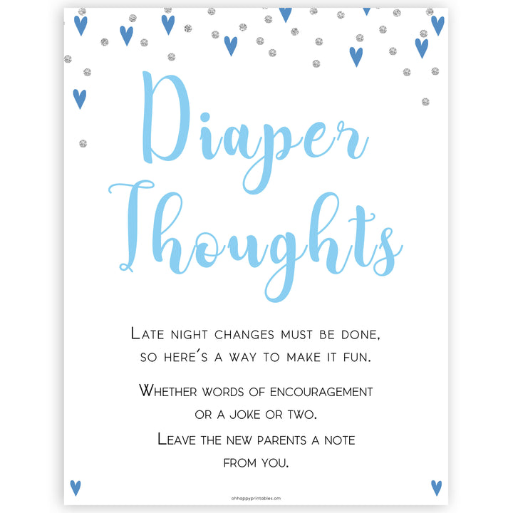 diaper thoughts game, late night diapers, Printable baby shower games, small blue hearts fun baby games, baby shower games, fun baby shower ideas, top baby shower ideas, silver baby shower, blue hearts baby shower ideas