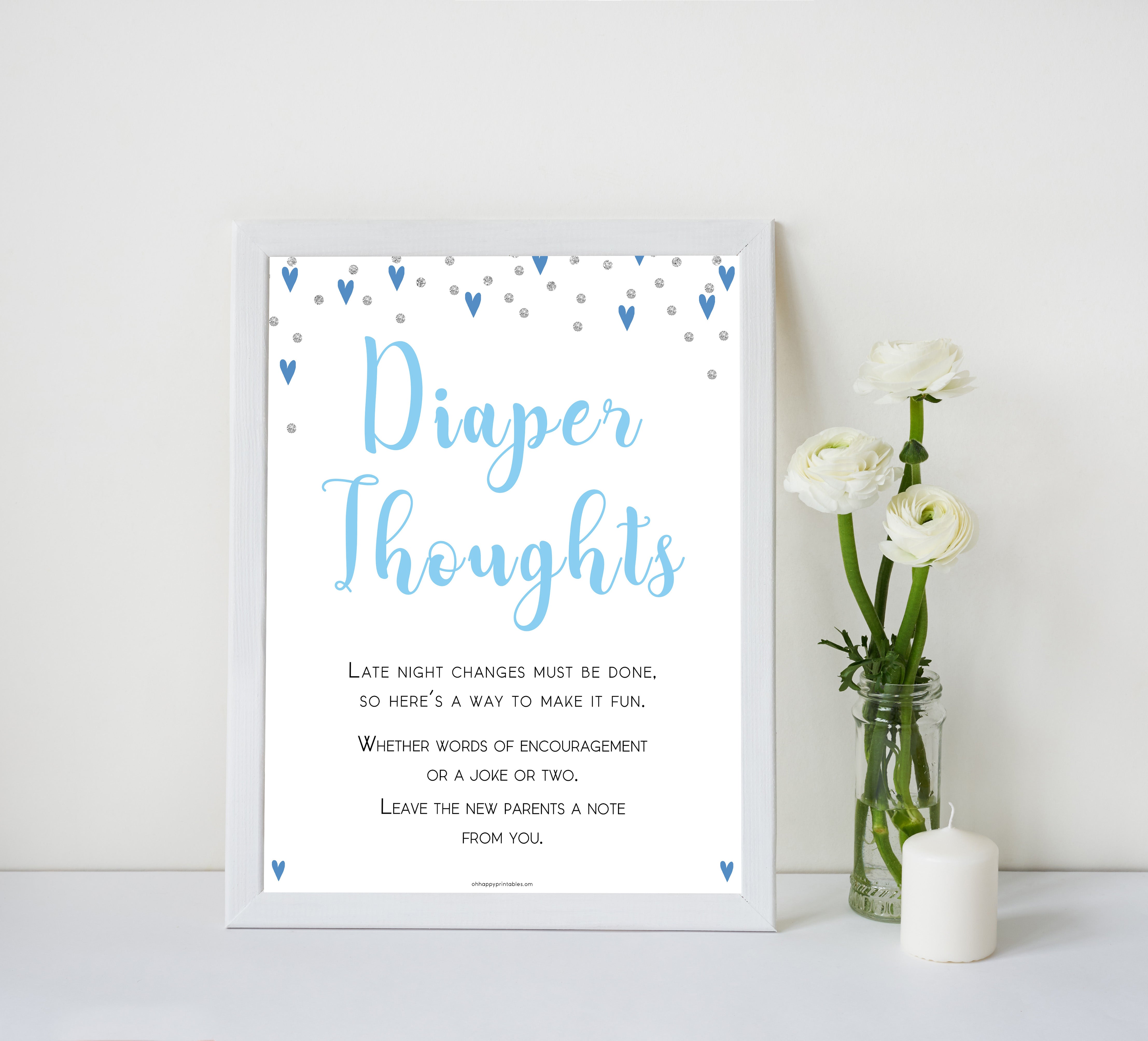 diaper thoughts game, late night diapers, Printable baby shower games, small blue hearts fun baby games, baby shower games, fun baby shower ideas, top baby shower ideas, silver baby shower, blue hearts baby shower ideas