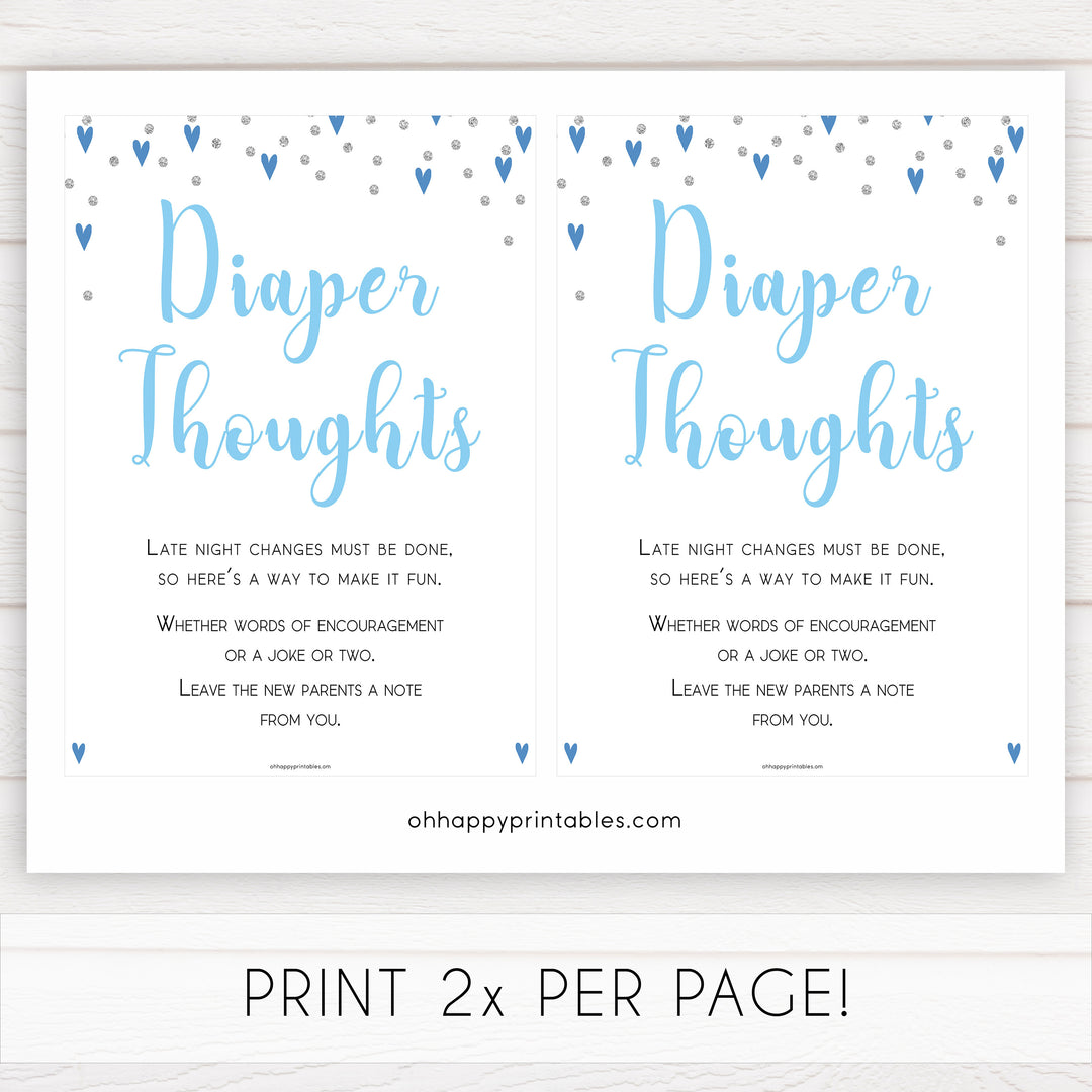 diaper thoughts game, late night diapers, Printable baby shower games, small blue hearts fun baby games, baby shower games, fun baby shower ideas, top baby shower ideas, silver baby shower, blue hearts baby shower ideas