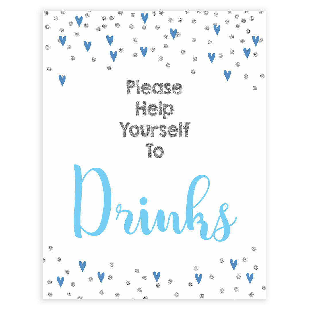drinks baby shower signs, drinks baby table signs, Blue hearts baby decor, printable baby table signs, printable baby decor, silver glitter table signs, fun baby signs, blue hearts fun baby table signs