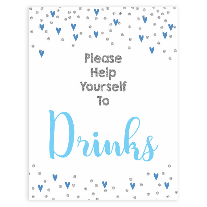 drinks baby shower signs, drinks baby table signs, Blue hearts baby decor, printable baby table signs, printable baby decor, silver glitter table signs, fun baby signs, blue hearts fun baby table signs