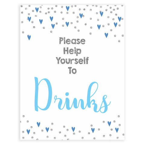 drinks baby shower signs, drinks baby table signs, Blue hearts baby decor, printable baby table signs, printable baby decor, silver glitter table signs, fun baby signs, blue hearts fun baby table signs