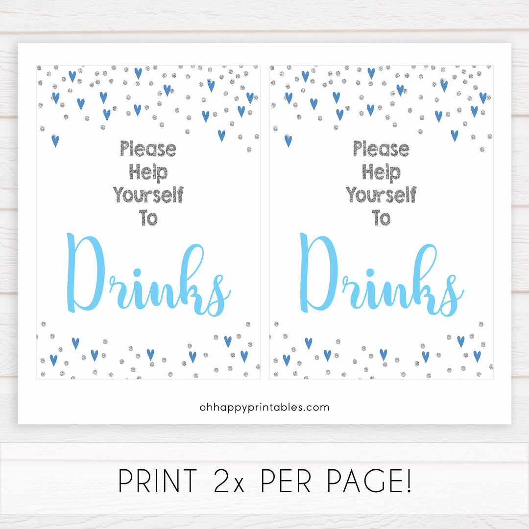 drinks baby shower signs, drinks baby table signs, Blue hearts baby decor, printable baby table signs, printable baby decor, silver glitter table signs, fun baby signs, blue hearts fun baby table signs