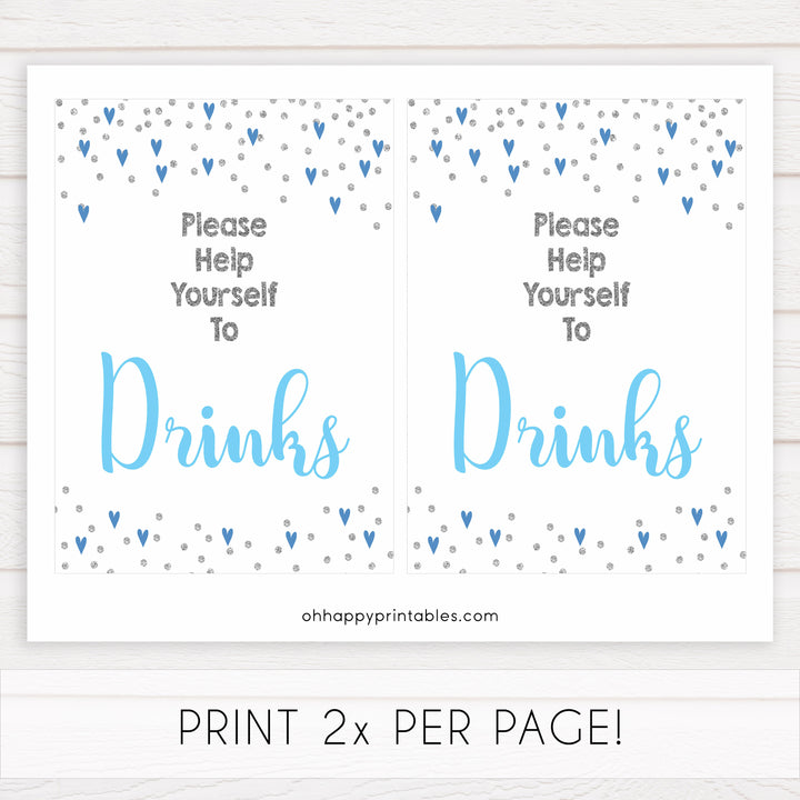 drinks baby shower signs, drinks baby table signs, Blue hearts baby decor, printable baby table signs, printable baby decor, silver glitter table signs, fun baby signs, blue hearts fun baby table signs