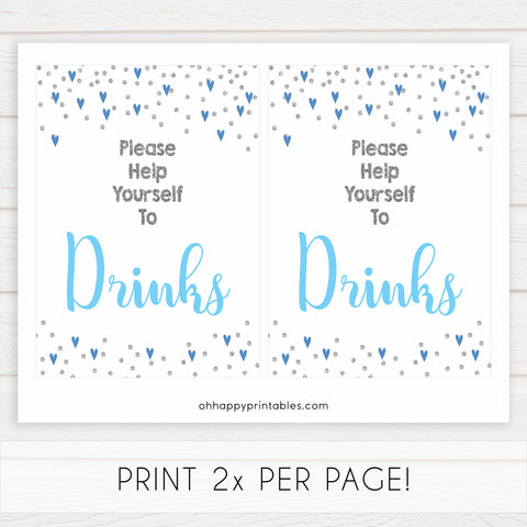 drinks baby shower signs, drinks baby table signs, Blue hearts baby decor, printable baby table signs, printable baby decor, silver glitter table signs, fun baby signs, blue hearts fun baby table signs
