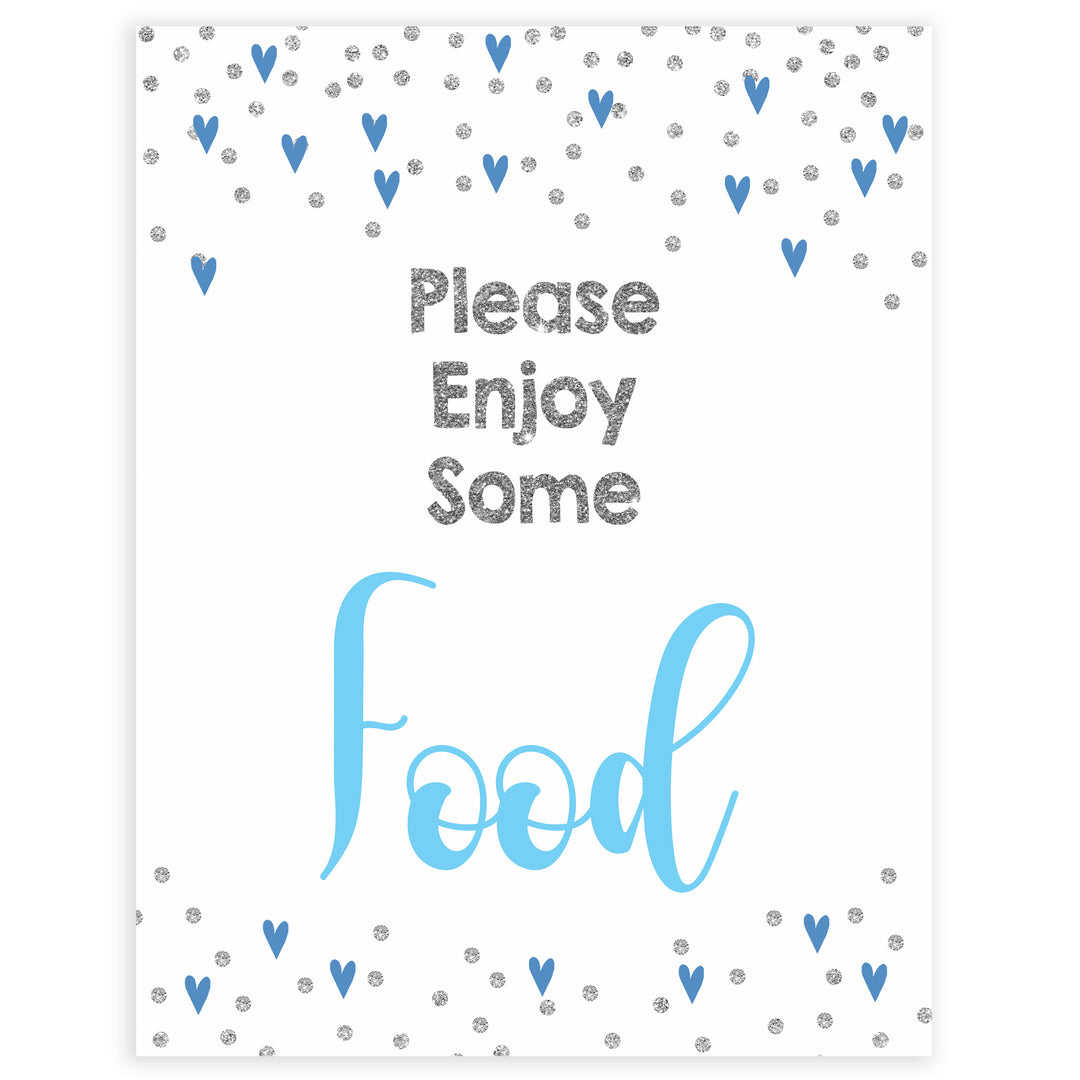 food baby shower table signs, food table signs, Blue hearts baby decor, printable baby table signs, printable baby decor, silver glitter table signs, fun baby signs, blue hearts fun baby table signs
