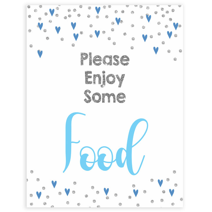 food baby shower table signs, food table signs, Blue hearts baby decor, printable baby table signs, printable baby decor, silver glitter table signs, fun baby signs, blue hearts fun baby table signs