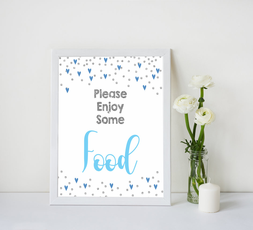 food baby shower table signs, food table signs, Blue hearts baby decor, printable baby table signs, printable baby decor, silver glitter table signs, fun baby signs, blue hearts fun baby table signs