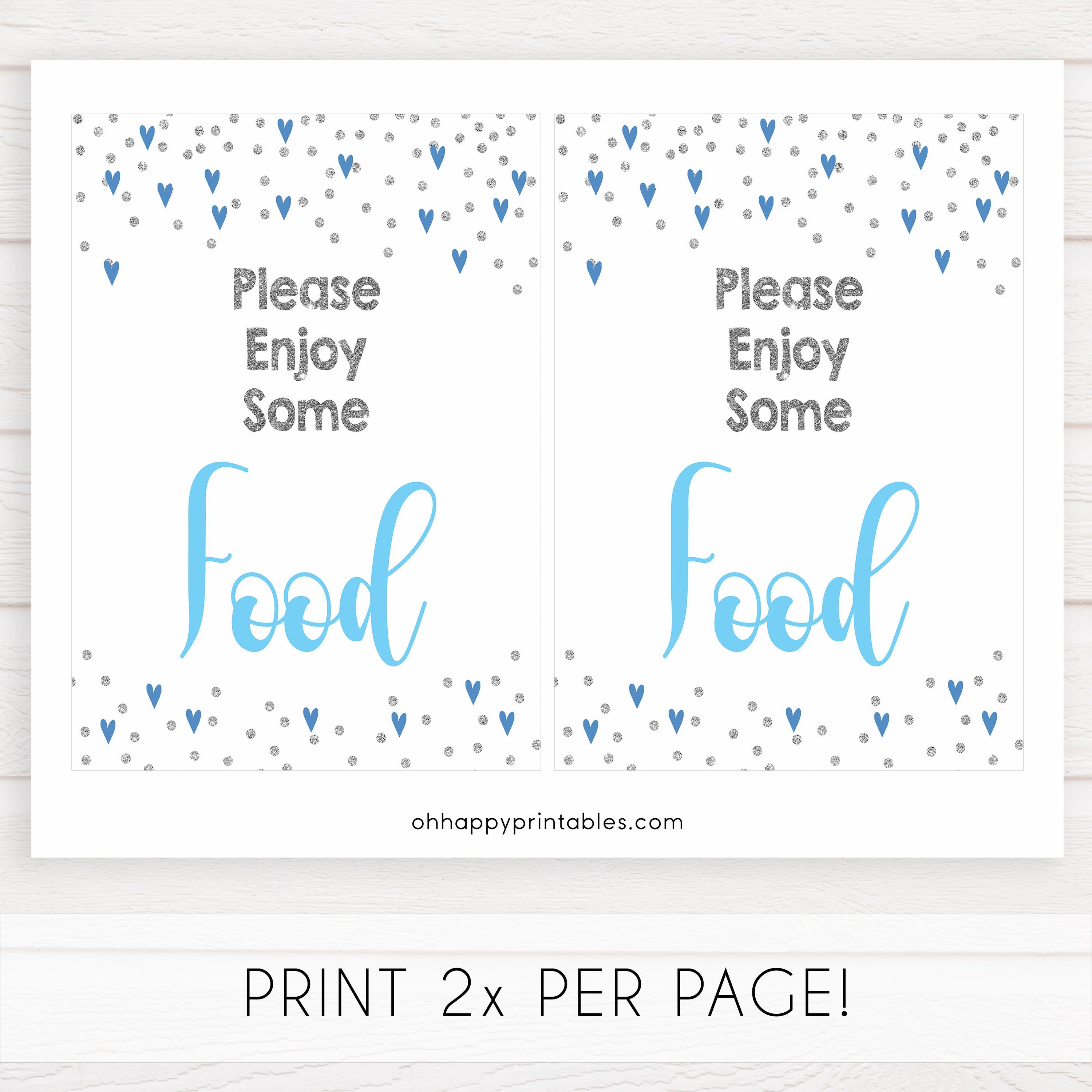 food baby shower table signs, food table signs, Blue hearts baby decor, printable baby table signs, printable baby decor, silver glitter table signs, fun baby signs, blue hearts fun baby table signs