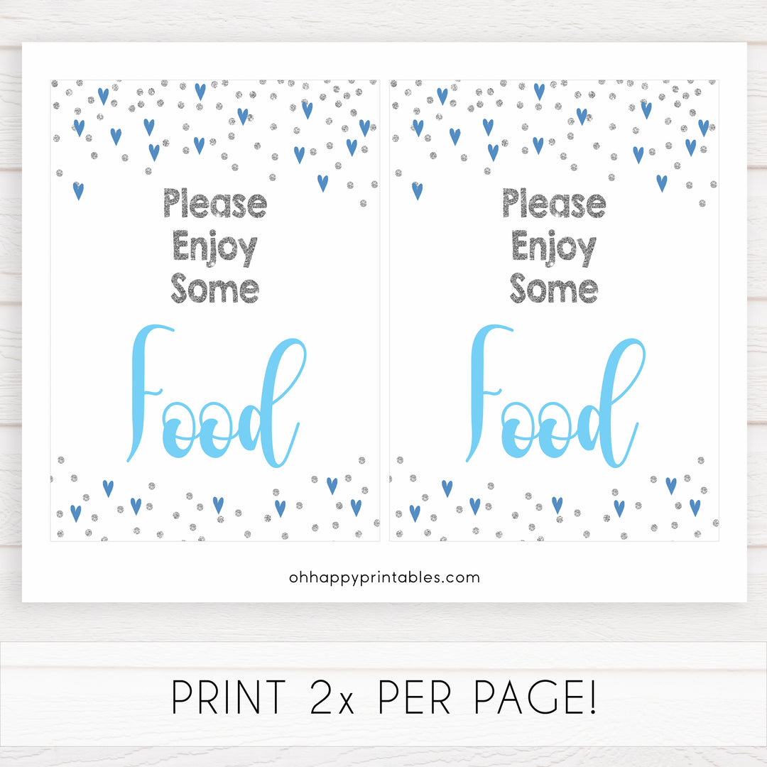 food baby shower table signs, food table signs, Blue hearts baby decor, printable baby table signs, printable baby decor, silver glitter table signs, fun baby signs, blue hearts fun baby table signs