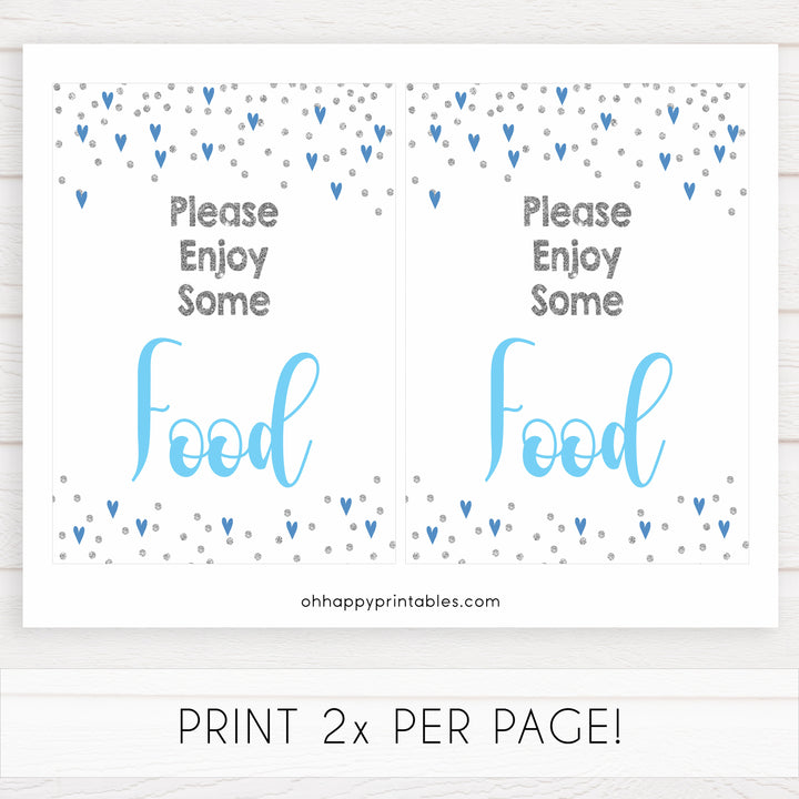 food baby shower table signs, food table signs, Blue hearts baby decor, printable baby table signs, printable baby decor, silver glitter table signs, fun baby signs, blue hearts fun baby table signs