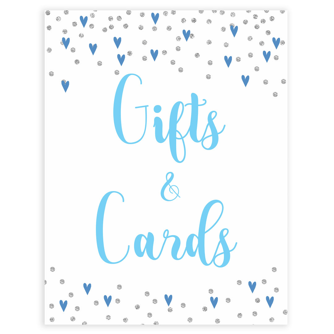 gifts and cards baby table signs, gifts and cards baby sign, Blue hearts baby decor, printable baby table signs, printable baby decor, silver glitter table signs, fun baby signs, blue hearts fun baby table signs