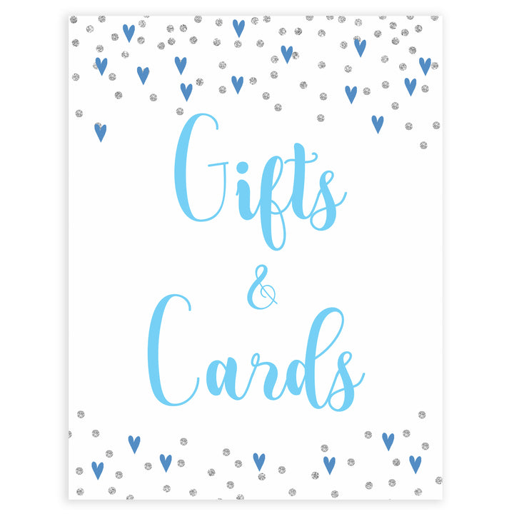 gifts and cards baby table signs, gifts and cards baby sign, Blue hearts baby decor, printable baby table signs, printable baby decor, silver glitter table signs, fun baby signs, blue hearts fun baby table signs