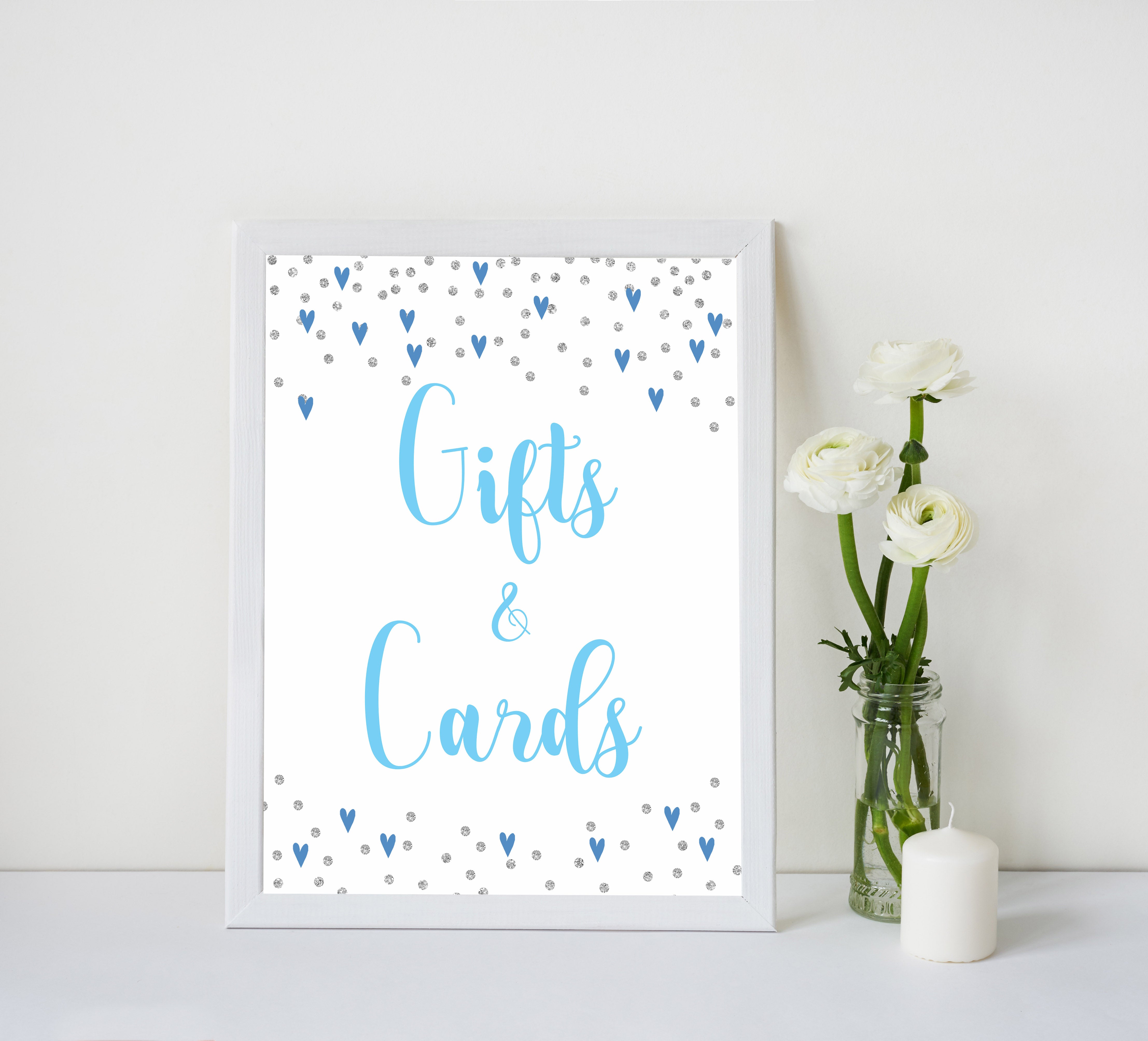 gifts and cards baby table signs, gifts and cards baby sign, Blue hearts baby decor, printable baby table signs, printable baby decor, silver glitter table signs, fun baby signs, blue hearts fun baby table signs