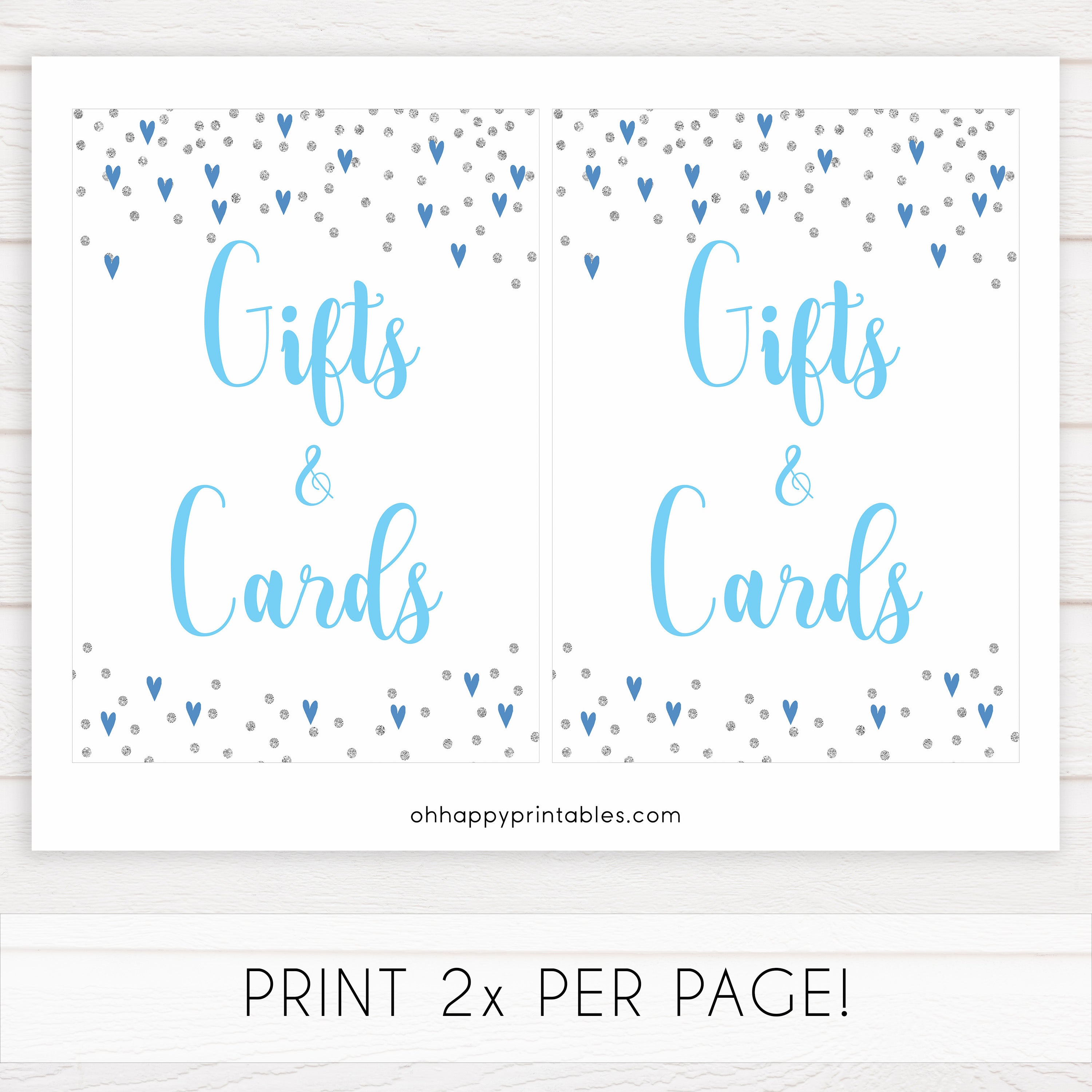 gifts and cards baby table signs, gifts and cards baby sign, Blue hearts baby decor, printable baby table signs, printable baby decor, silver glitter table signs, fun baby signs, blue hearts fun baby table signs