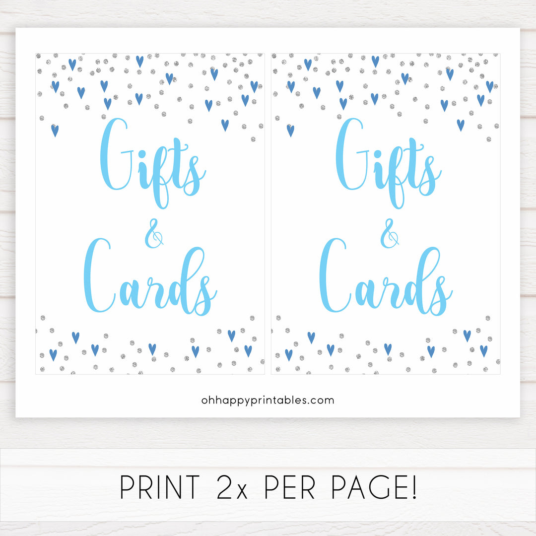 gifts and cards baby table signs, gifts and cards baby sign, Blue hearts baby decor, printable baby table signs, printable baby decor, silver glitter table signs, fun baby signs, blue hearts fun baby table signs