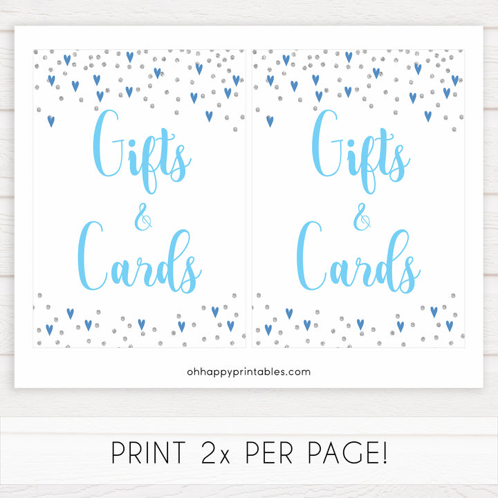 gifts and cards baby table signs, gifts and cards baby sign, Blue hearts baby decor, printable baby table signs, printable baby decor, silver glitter table signs, fun baby signs, blue hearts fun baby table signs