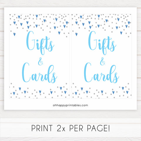 gifts and cards baby table signs, gifts and cards baby sign, Blue hearts baby decor, printable baby table signs, printable baby decor, silver glitter table signs, fun baby signs, blue hearts fun baby table signs