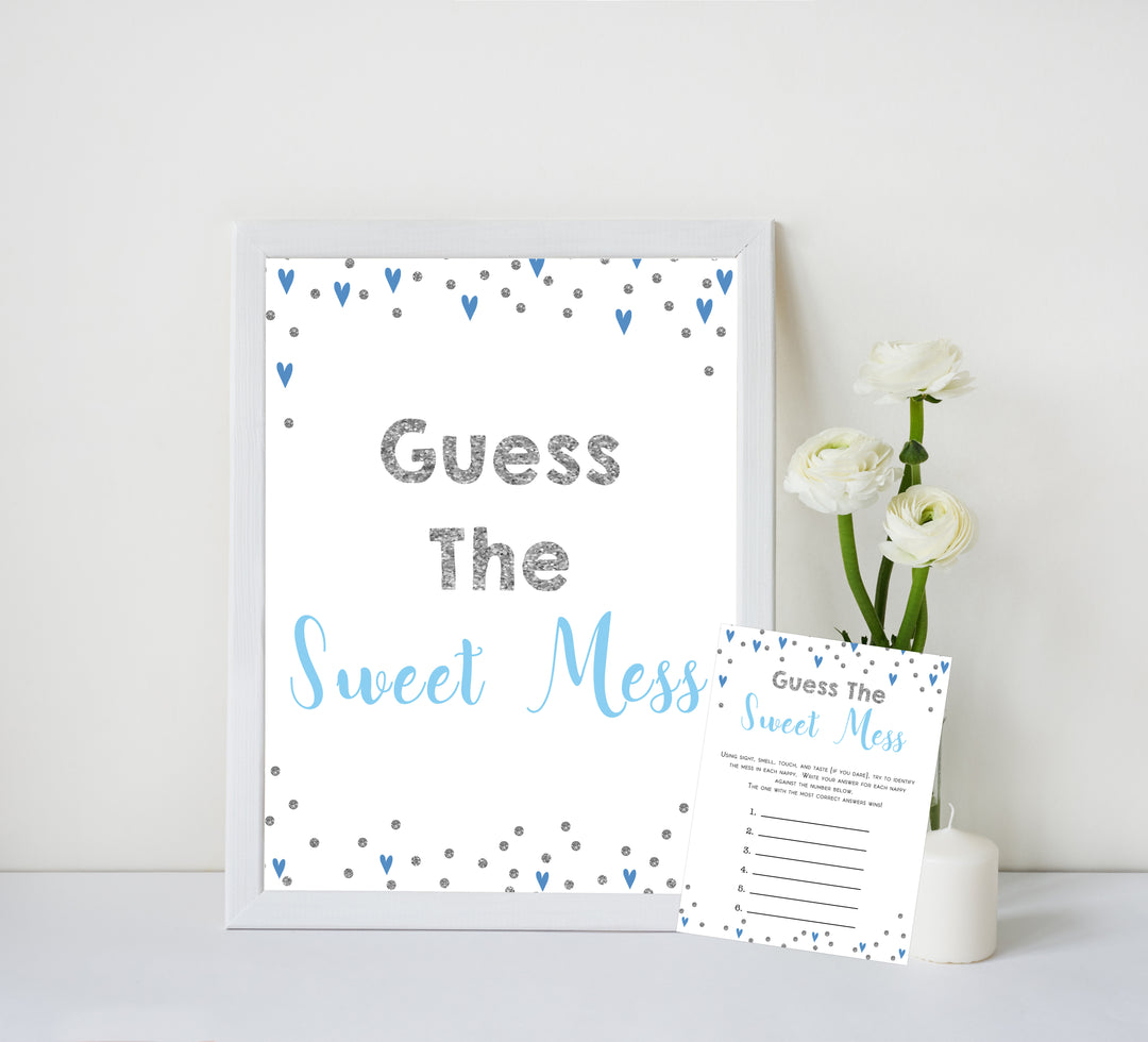 guess the sweet mess, Printable baby shower games, small blue hearts fun baby games, baby shower games, fun baby shower ideas, top baby shower ideas, silver baby shower, blue hearts baby shower ideas