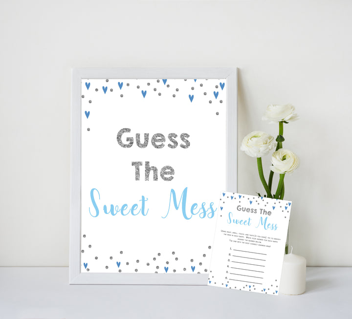 guess the sweet mess, Printable baby shower games, small blue hearts fun baby games, baby shower games, fun baby shower ideas, top baby shower ideas, silver baby shower, blue hearts baby shower ideas