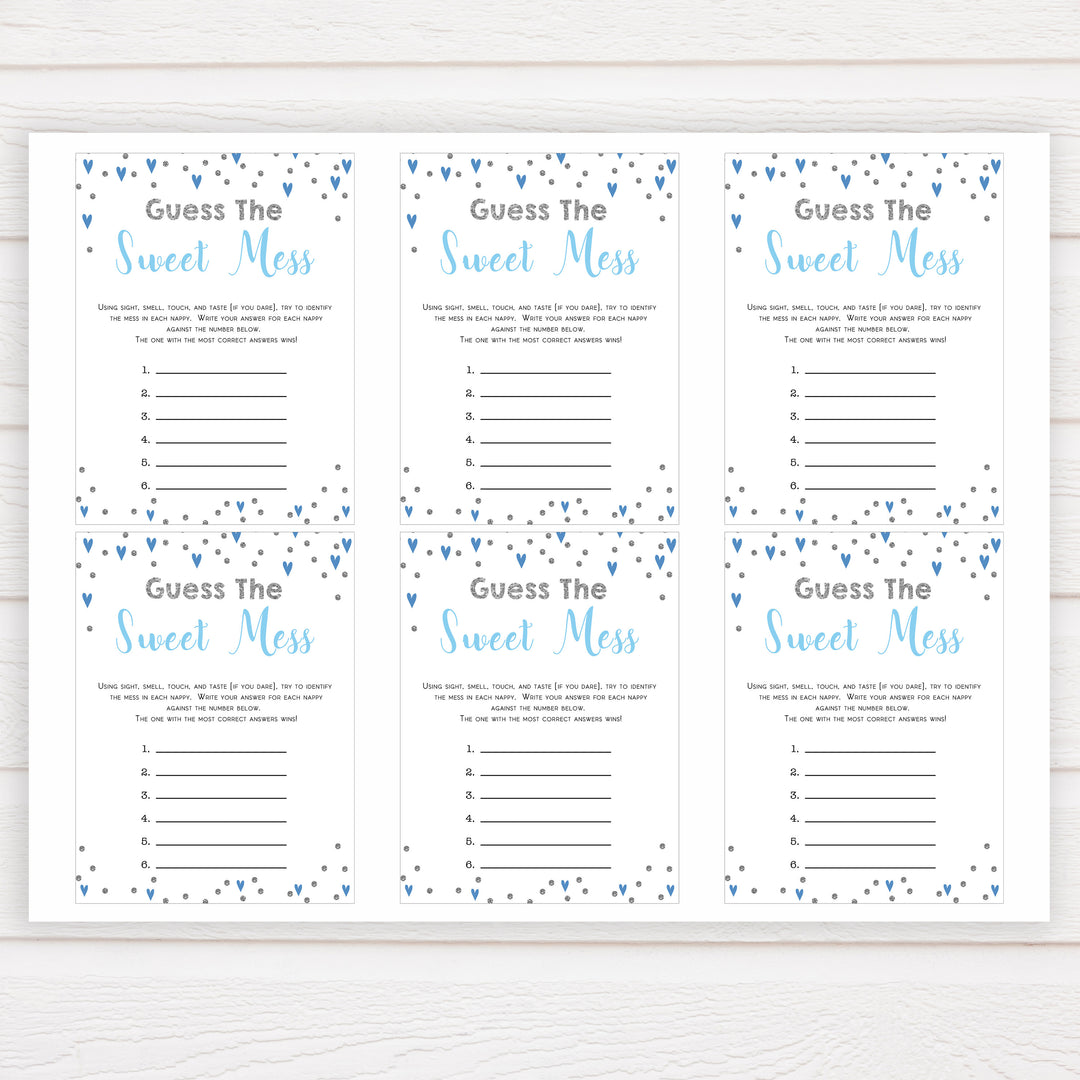 guess the sweet mess, Printable baby shower games, small blue hearts fun baby games, baby shower games, fun baby shower ideas, top baby shower ideas, silver baby shower, blue hearts baby shower ideas