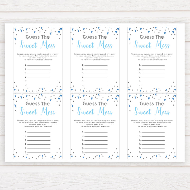 guess the sweet mess, Printable baby shower games, small blue hearts fun baby games, baby shower games, fun baby shower ideas, top baby shower ideas, silver baby shower, blue hearts baby shower ideas