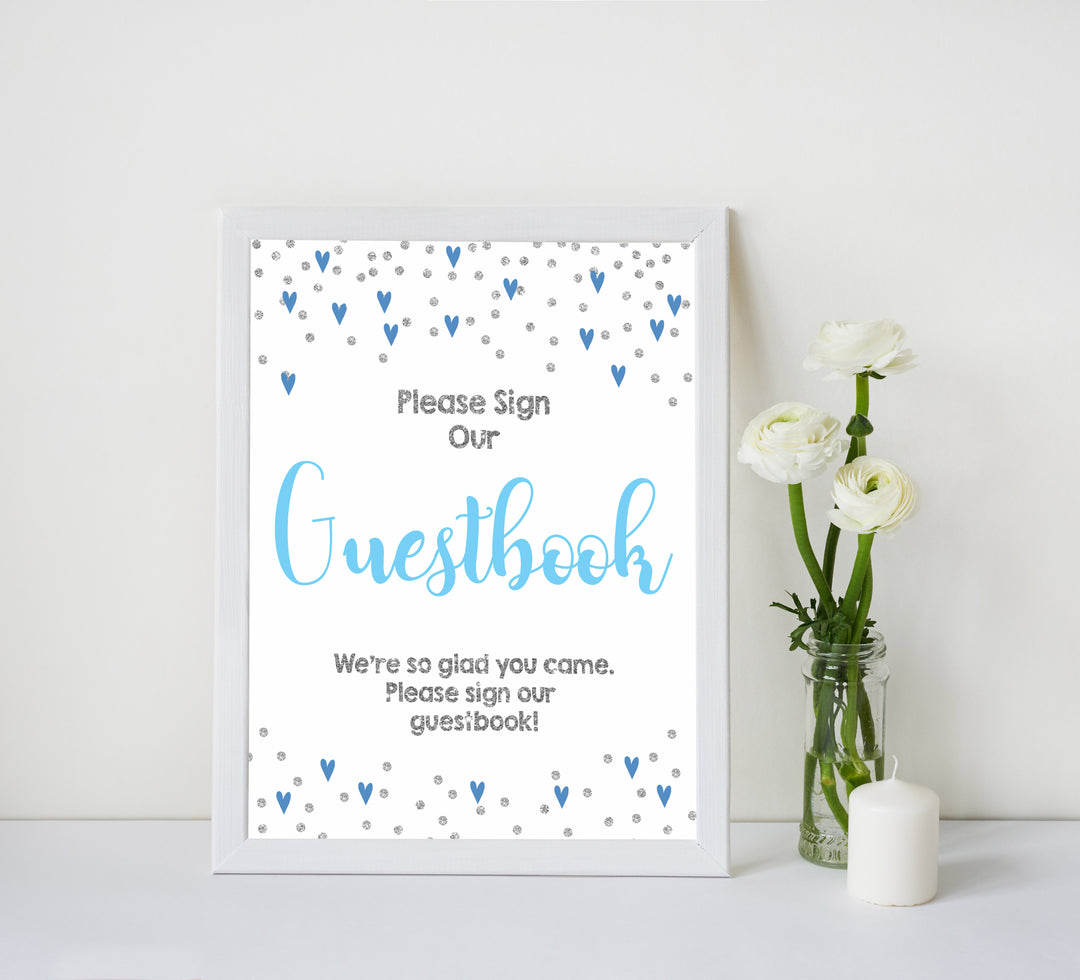 8 baby shower table signs, 8 baby table signs, Blue hearts baby decor, printable baby table signs, printable baby decor, silver glitter table signs, fun baby signs, blue hearts fun baby table signs