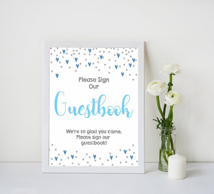 8 baby shower table signs, 8 baby table signs, Blue hearts baby decor, printable baby table signs, printable baby decor, silver glitter table signs, fun baby signs, blue hearts fun baby table signs