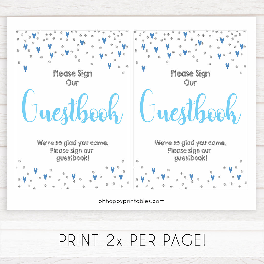 guestbook baby table sign, guestbook baby sign, Blue hearts baby decor, printable baby table signs, printable baby decor, silver glitter table signs, fun baby signs, blue hearts fun baby table signs