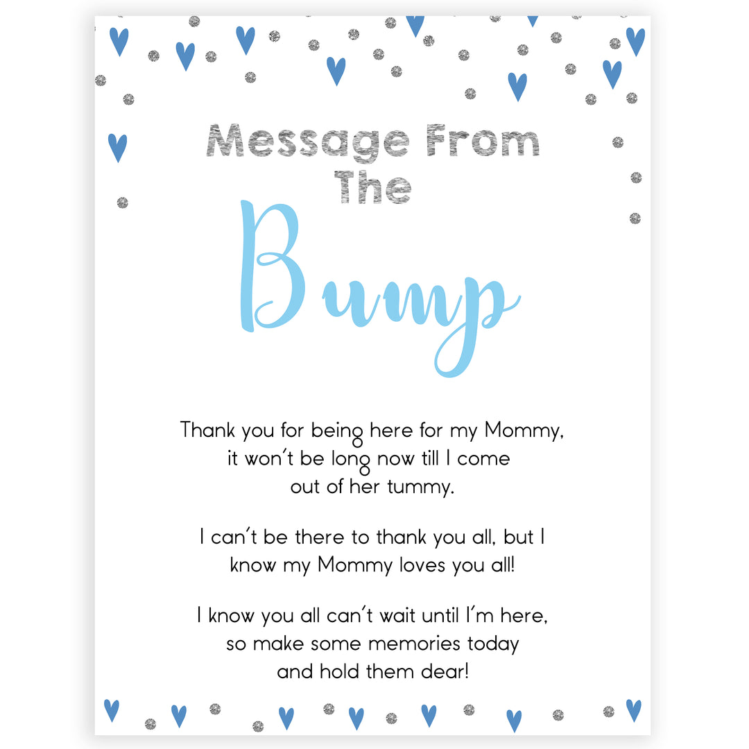 message from the bump, baby message, Printable baby shower games, small blue hearts fun baby games, baby shower games, fun baby shower ideas, top baby shower ideas, silver baby shower, blue hearts baby shower ideas