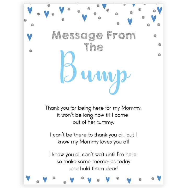 message from the bump, baby message, Printable baby shower games, small blue hearts fun baby games, baby shower games, fun baby shower ideas, top baby shower ideas, silver baby shower, blue hearts baby shower ideas
