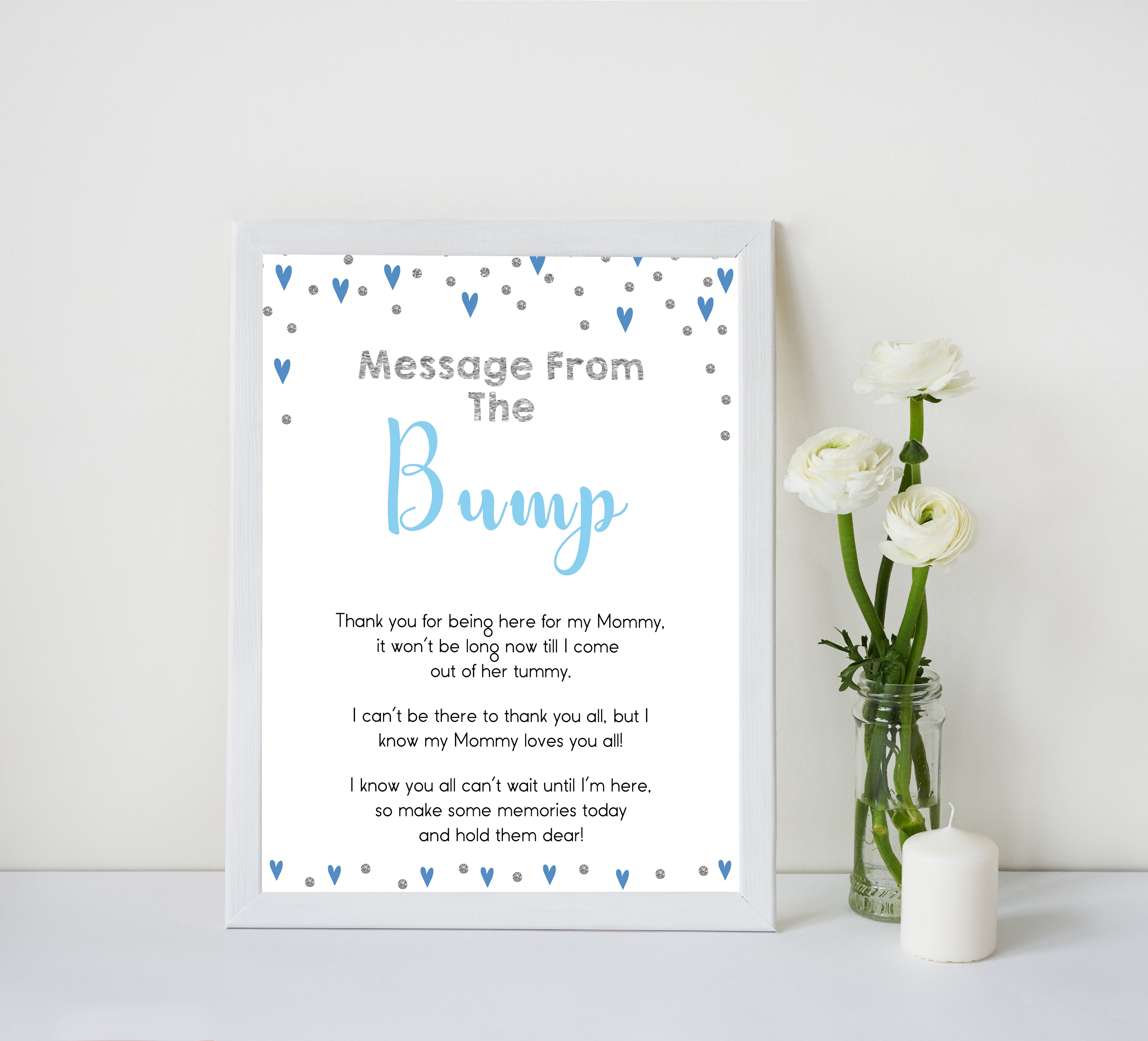 message from the bump, baby message, Printable baby shower games, small blue hearts fun baby games, baby shower games, fun baby shower ideas, top baby shower ideas, silver baby shower, blue hearts baby shower ideas