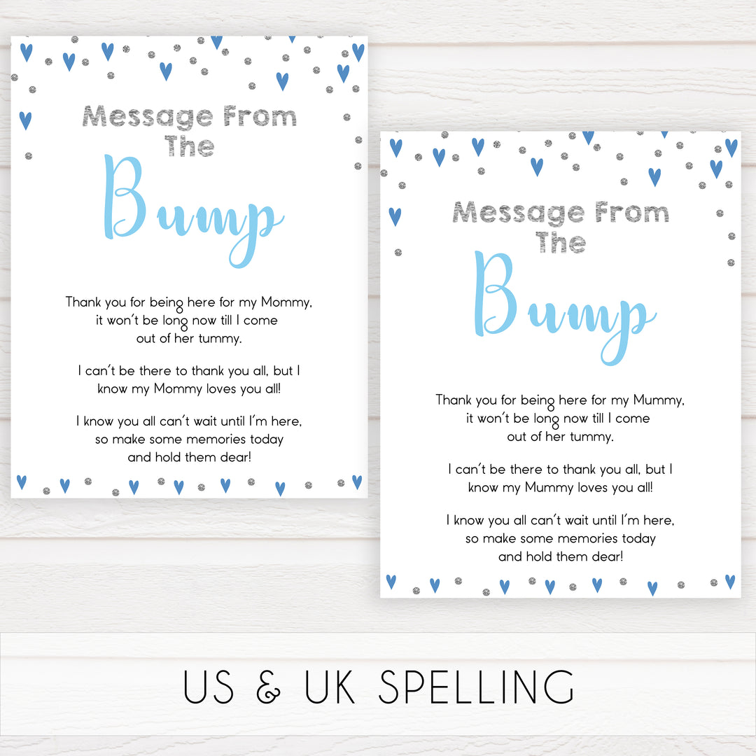 message from the bump, baby message, Printable baby shower games, small blue hearts fun baby games, baby shower games, fun baby shower ideas, top baby shower ideas, silver baby shower, blue hearts baby shower ideas