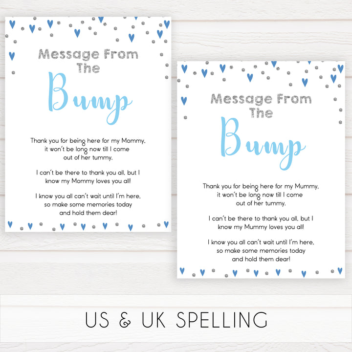 message from the bump, baby message, Printable baby shower games, small blue hearts fun baby games, baby shower games, fun baby shower ideas, top baby shower ideas, silver baby shower, blue hearts baby shower ideas