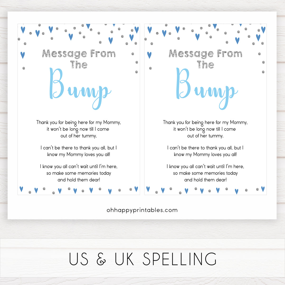 message from the bump, baby message, Printable baby shower games, small blue hearts fun baby games, baby shower games, fun baby shower ideas, top baby shower ideas, silver baby shower, blue hearts baby shower ideas