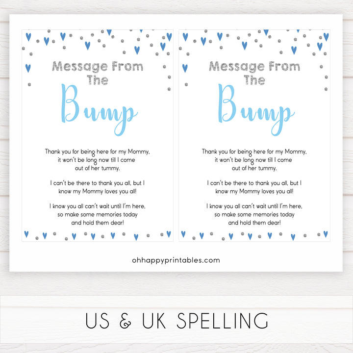 message from the bump, baby message, Printable baby shower games, small blue hearts fun baby games, baby shower games, fun baby shower ideas, top baby shower ideas, silver baby shower, blue hearts baby shower ideas