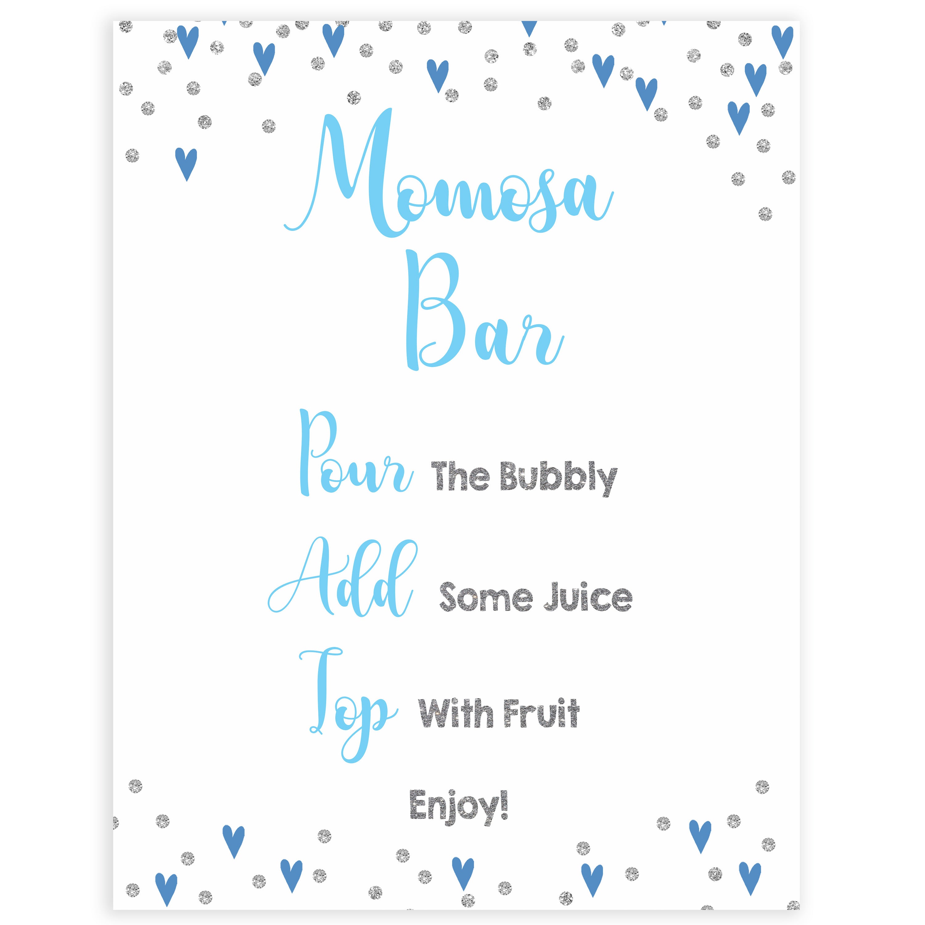 momosa baby table sign, momosa baby sign, Blue hearts baby decor, printable baby table signs, printable baby decor, silver glitter table signs, fun baby signs, blue hearts fun baby table signs